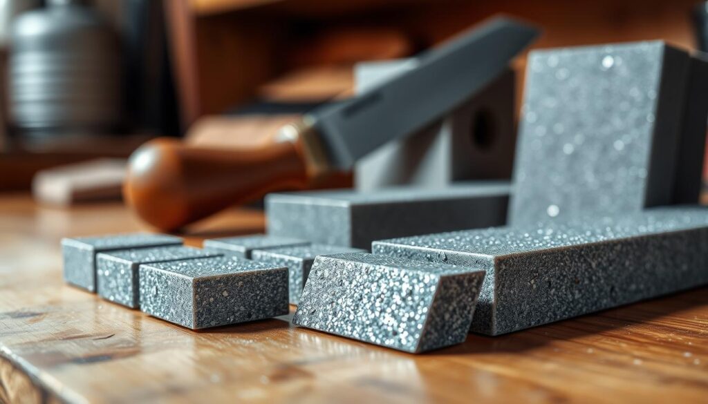 A close-up view of high-quality diamond sharpening stones arranged on a polished wooden workbench. The foreground features several diamond stones in varying data-sizes, showcasing their glittering surfaces that reflect light beautifully, emphasizing the precision of their diamond grit. In the middle ground, there are subtle hints of sharpening tools, such as knives, partially visible, suggesting their use alongside the stones. The background is softly blurred to focus attention on the stones, with warm, diffused lighting to create a professional and inviting atmosphere. The image should convey a sense of craftsmanship and expertise, illustrating how diamond stones work efficiently for sharpening while being visually striking and informative.