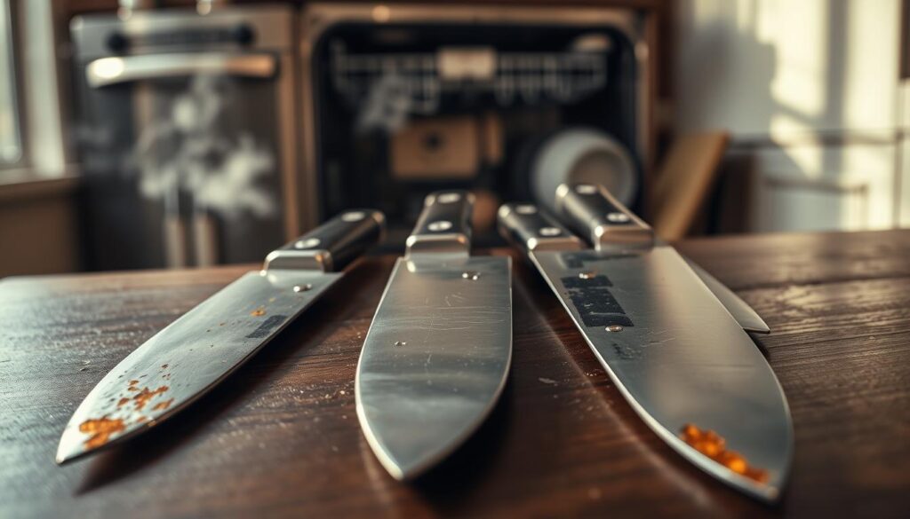 A close-up view of several damaged professional kitchen knives laid out on a dark wooden countertop. Each knife exhibits visible wear and tear, showing dull edges, rust spots, and pitting from dishwasher exposure. The foreground highlights the knives with a soft focus, while the background features a blurred, modern kitchen setting, emphasizing a dishwasher which is partly open, with steam subtly rising. Warm, natural lighting filters in from a window, casting gentle shadows and creating a stark contrast between the shiny blade surfaces and the rustic wood grain. The overall mood is one of regret and caution, highlighting the folly of placing valuable kitchen tools in dishwashers.