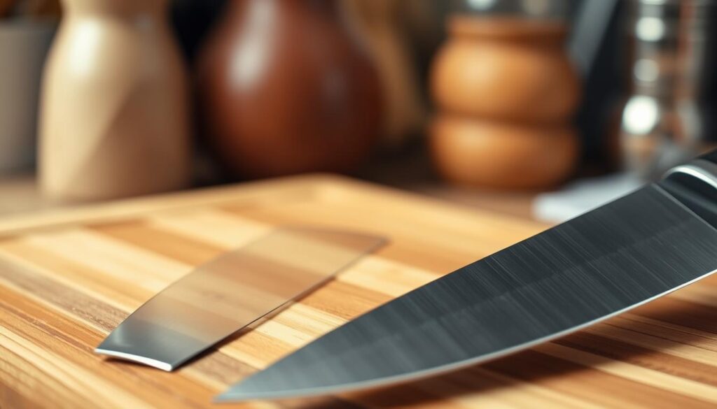 A close-up view of two distinct steel knives side by side on a wooden cutting board. The German knife showcases a polished, robust blade with a slightly thicker spine, reflecting its hardness and craftsmanship, while the Japanese knife features a slender, elegant blade with a finer edge, highlighting its meticulous design and sharpness. Soft, diffused lighting illuminates the surfaces, emphasizing their different textures and finishes. Background elements include blurred kitchen utensils and a subtle hint of a kitchen setting, creating a warm and inviting atmosphere. The focus is on the intricate details of both blades, showcasing the contrast between German and Japanese steel, while evoking a sense of precision and expertise in sharpening techniques.