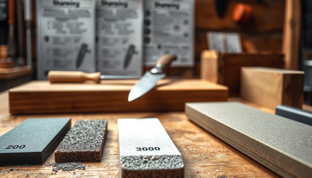 A close-up view of various whetstone grits arranged aesthetically on a wooden workbench. In the foreground, showcase a selection of whetstones labeled with their grit numbers, highlighting a range from coarse to fine (e.g., 200, 1000, 3000, and 8000). The middle ground should feature a set of sharpening tools, including a knife and a honing guide, demonstrating the sharpening process. Soft, diffused natural light streams in from the left, casting gentle shadows that emphasize texture. In the background, slightly blurred images of sharpening instructions and a well-used block of wood, creating an inviting workshop atmosphere. The overall mood should convey focus and professionalism, reflecting the importance of grit size in the sharpening process.