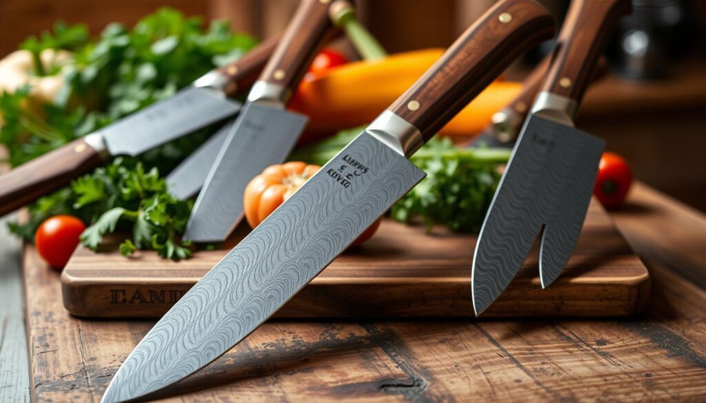 A collection of exquisite Damascus steel kitchen knives displayed prominently on a rustic wooden cutting board. The foreground features a detailed close-up of the knives, highlighting their intricate patterned blades and polished wooden handles with brass accents. In the middle, the cutting board is slightly worn, suggesting frequent use, and surrounded by fresh herbs and vibrant vegetables, emphasizing the knives’ culinary purpose. The background is softly blurred, showcasing a warm kitchen atmosphere with subtle lighting that casts soft shadows, creating highlights on the knife edges. The overall mood is one of craftsmanship and sophistication, inviting viewers to appreciate the beauty and performance of these superior kitchen tools.