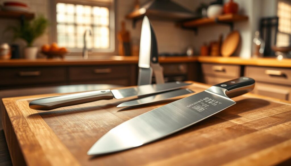 A collection of flat grind kitchen knives elegantly displayed on a sleek wooden cutting board. The foreground features a sharp, polished chef's knife gleaming under soft, natural light, with its flat edge reflecting the light to highlight the sleek geometry of the blade. In the middle, a variety of other flat grind knives, including a paring knife and utility knife, are arranged artfully, showcasing their unique profiles and finishes. The background features a softly blurred kitchen setting, with tasteful decor and warm, inviting colors, enhancing the atmosphere of culinary expertise. The lighting is warm and diffuse, creating a professional yet cozy ambiance, inviting viewers to appreciate the performance features of flat grind kitchen knives.