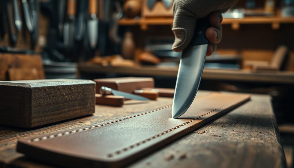 A detailed close-up image of a bevel burr grit strop on a wooden workbench. In the foreground, the polished leather strop glistens under warm, soft lighting, showcasing its fine texture and edges. Beside it, a well-worn sharpening stone and a couple of high-quality knives, their blades reflecting light. In the middle ground, an artisan's hand, wearing a modest glove, holds one of the knives at a perfect angle against the strop, emphasizing the hand sharpening technique. The background is softly blurred, revealing a rustic workshop with tools neatly arranged on shelves, creating a focused atmosphere where craftsmanship thrives. The overall mood should convey dedication to craftsmanship, with a sense of tranquil concentration and professionalism.
