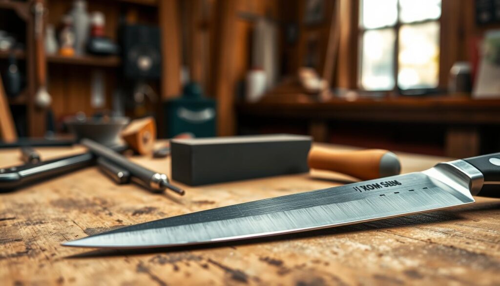 A detailed depiction of two different knife edge types on a wooden workbench, illustrating convex and flat grinds. In the foreground, a convex grind knife, featuring a smooth, rounded edge, reflects light to highlight its shiny surface, while a flat grind knife with a sharp, angular edge is positioned nearby, casting a muted shadow. In the middle ground, various tools like a sharpening stone and honing rod sit arranged next to the knives, suggesting an artisan's environment. The background shows a softly blurred workshop setting with warm, natural lighting filtering through a window, creating an inviting and focused atmosphere. The overall composition emphadata-sizes the subtle differences in edge geometry and performance. The scene conveys a sense of craftsmanship and attention to detail in knife making.