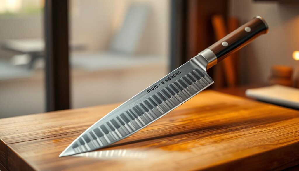 A detailed illustration of a Gyuto knife, showcasing its anatomy: the blade shape, pointed tip, curved belly, sturdy heel, and sharp cutting edge. The foreground features the knife positioned at a slight angle on a wooden cutting board, highlighting the blade's reflective surface and craftsmanship. In the middle ground, subtle indentations or markings can indicate the blade's balance and design features. The background should be softly blurred to emphasize the knife, with warm, diffused lighting that creates a soft glow around the blade. The scene conveys a professional and elegant atmosphere, suitable for a culinary setting. The image should be clear and focused, presenting the Gyuto knife as a tool of precision and artistry, without any text or distractions.