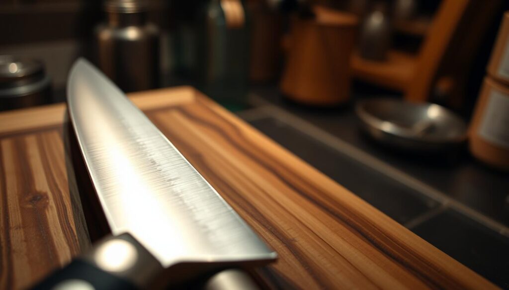 A detailed illustration of a single bevel knife geometry, specifically featuring a Deba and a Yanagiba knife. The foreground focuses on a close-up view of the knife blades, highlighting the sharp, angled edges and the distinctive single bevel grind. The middle section includes a wooden cutting board, with subtle reflections of light, to enhance the knife's metallic sheen. The background softly blurs, featuring a warm kitchen setting with dim, warm lighting that creates a focused and intimate atmosphere. A slight angle perspective captures both knives from above, emphasizing their unique shapes and contours. This composition should convey precision, craftsmanship, and the art of sharpening, inviting viewers to appreciate the intricacies of single bevel knife geometry.