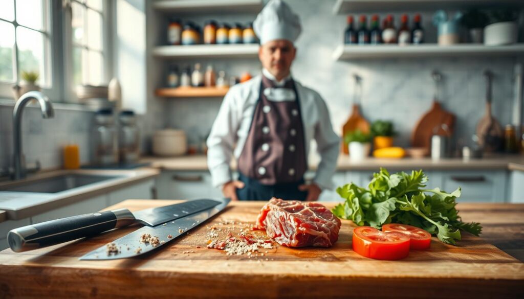 A detailed kitchen scene showing a wooden cutting board in the foreground, with two knives placed haphazardly on either side. One knife has visible raw meat residue, and the other shows fresh vegetables, illustrating cross-contamination. In the middle ground, a chef in professional attire stands with a concerned expression, examining the situation. The kitchen is well-lit with natural sunlight filtering through a window, creating a bright and clean atmosphere. In the background, shelves are stocked with spices and cooking essentials, emphasizing an organized kitchen setting. The composition should have a depth of field that keeps the focus on the cutting board and knives while softly blurring the background, conveying the seriousness of food safety.