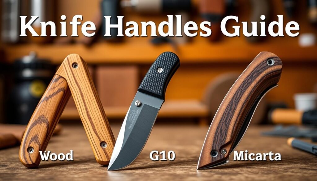 A detailed knife handle materials guide featuring three sections comparing Wood, G10, and Micarta. In the foreground, showcase three distinct knife handles: a beautifully crafted wooden handle with natural grain patterns, a sleek and modern G10 handle with a textured finish, and a durable Micarta handle displaying its layered composition. The middle layer should display a subtle transition between the handles, emphasizing their unique characteristics. The background should be soft and blurred, with a workbench environment that hints at craftsmanship. Use warm, natural lighting to create an inviting atmosphere, highlighting the textures and colors of each material. Capture the image from a slightly elevated angle for a clear view of all three handles, ensuring a professional and informative tone throughout the composition.