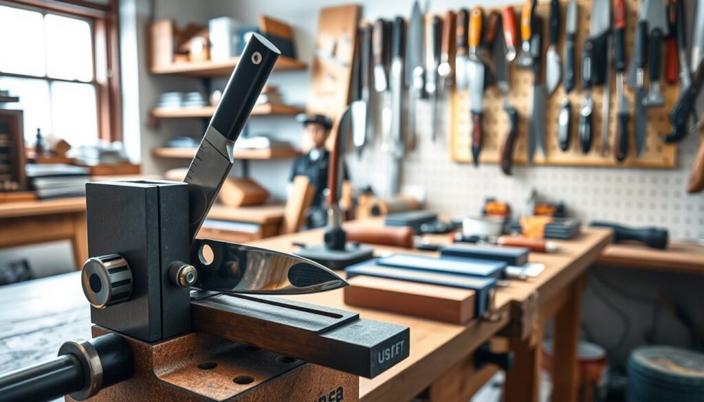 A detailed sharpening jig setup positioned prominently in the foreground, showcasing various blades and hand tools for sharpening. The jig features an adjustable mechanism with clear markings, ensuring precision and consistency. In the middle ground, a workbench cluttered with sharpening stones and oil, illuminated by soft, diffused natural light coming from a nearby window, creates a warm and inviting atmosphere. The background includes shelves with neatly organized tools and a pegboard displaying various sharpening instruments. The scene conveys a sense of craftsmanship and attention to detail, with a focus on the importance of maintaining edge sharpness for optimal performance. Shot with a shallow depth of field to emphasize the jig while the background remains softly blurred.