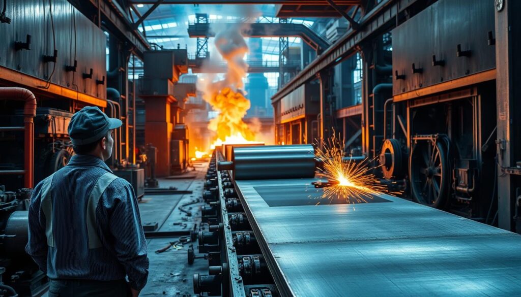 A dynamic steel manufacturing scene showcasing a modern steel mill. In the foreground, a skilled worker in professional attire monitors the operation of massive hydraulic presses, with molten steel glowing brightly in the background. The middle ground features large steel slabs being moved along conveyor belts, surrounded by steam and sparks flying from welding machines. In the background, towering furnaces exude heat and a blue-orange glow, emphasizing the intense manufacturing process. The lighting is dramatic, highlighting the shimmer of steel and the smoke-filled air, creating an atmosphere of industrious energy and precision. Use a slightly angled perspective to capture the depth of the facility and the scale of the machinery, giving the viewer an immersive experience into the steel-making process.