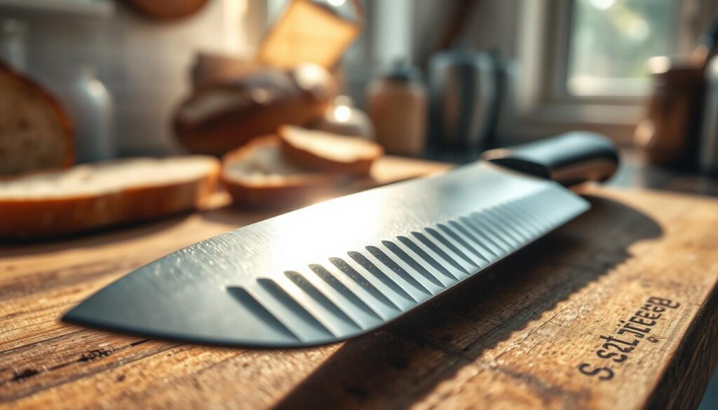 A high-quality close-up of a serrated bread knife resting on a rustic wooden cutting board, focusing on the unique shape of the serrated blade. The knife glistens under soft, natural sunlight streaming through a nearby window, illuminating the textured, sharp edges of the blade, showcasing how it differs from a traditional chef’s knife. In the background, out-of-focus elements suggest a cozy kitchen with bread and a cutting board, enhancing the ambiance. The scene captures a professional yet inviting atmosphere, perfect for culinary enthusiasts. The lighting should create gentle contrasts, highlighting the intricacies of the serrations while maintaining a warm, homely feel.