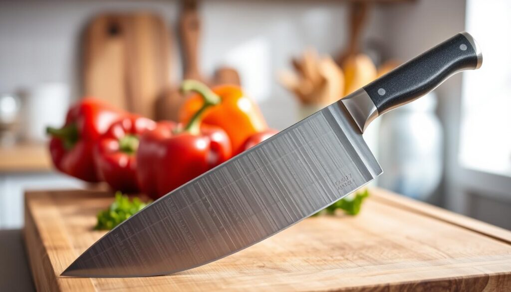 A high-quality, entry-level professional chef knife displayed prominently in the foreground, showcasing its sleek, stainless-steel blade with a polished finish and an ergonomic, textured handle. The knife should be angled slightly to highlight its sharp edge, with subtle reflections of light creating a sense of depth. In the middle ground, a beautifully textured wooden cutting board serves as a backdrop, adorned with vibrant fresh vegetables like bell peppers and herbs to emphasize the culinary context. Soft, diffused natural light streams in from the left, casting gentle shadows that enhance the mood of a warm, inviting kitchen atmosphere. In the background, blurred kitchen elements hint at a home cooking setting, adding a cozy vibe without distracting from the knife. The composition should evoke a sense of professionalism and approachable skill, perfect for aspiring home cooks.