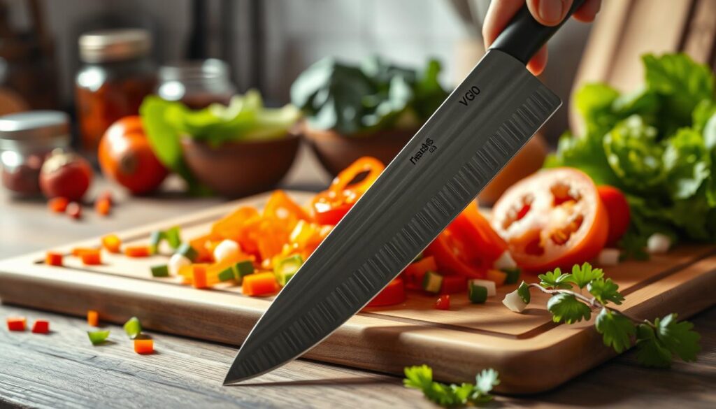 A high-quality still life composition showcasing a precision Japanese kitchen knife crafted from VG10 steel, placed prominently in the foreground. The knife is cutting through vibrant, fresh vegetables, illustrating its cutting performance and agility. The middle ground features an elegant wooden cutting board, with bits of chopped vegetables scattered artistically around. In the background, softly blurred kitchen elements like spice jars and utensils add depth to the scene. The lighting is warm and inviting, casting gentle shadows that enhance the knife's sleek profile and the textures of the food. Use a shallow depth of field to emphasize the knife and vegetables, creating a professional and sophisticated atmosphere that highlights the art of Japanese cooking.