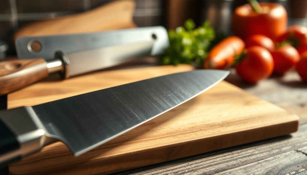 A highly detailed close-up of a single bevel edge on a knife, showcasing the precise angle and grind of the blade. In the foreground, the knife is positioned with the bevel edge prominently displayed, glinting under soft, diffused natural light to accentuate the sharpness and clarity of the edge. The middle of the composition features a wooden cutting board, enhancing the context of culinary use. In the background, subtly blurred kitchen tools like a honing steel and fresh vegetables create a realistic environment, alluding to preparation and craftsmanship. The atmosphere is warm and inviting, emphasizing the importance of edge geometry in everyday tools. Achieve a photographic quality with a shallow depth of field to focus on the bevel edge while gently softening the background elements.