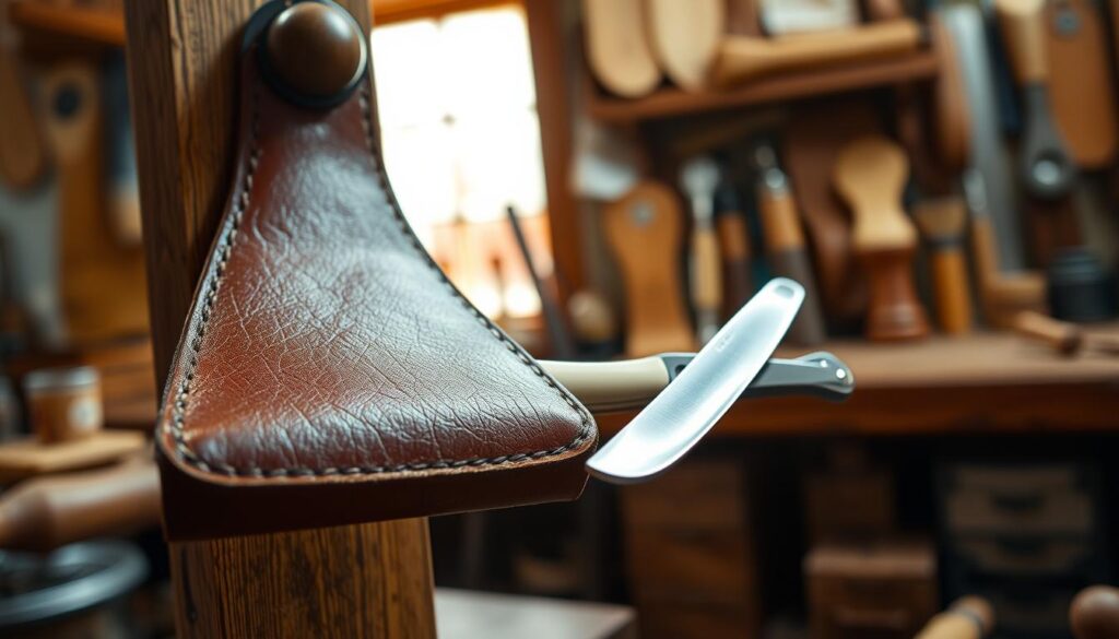 A leather strop prominently displayed in a well-lit workshop environment, showcasing its rich, textured surface. In the foreground, a close-up view of a vintage leather strop hangs from a sturdy wooden mount, with reflections highlighting its polished finish. In the middle, a sharp, gleaming straight razor rests beside the strop, catching the light to emphasize its immaculate edge. The background is a softly blurred array of woodworking tools and leather crafting materials, evoking a sense of craftsmanship and expertise. The warm, inviting glow of natural light filters through a nearby window, creating an atmosphere of focus and precision. The overall mood is one of dedication to the art of sharpening, celebrating the beauty of leather and steel in harmony.