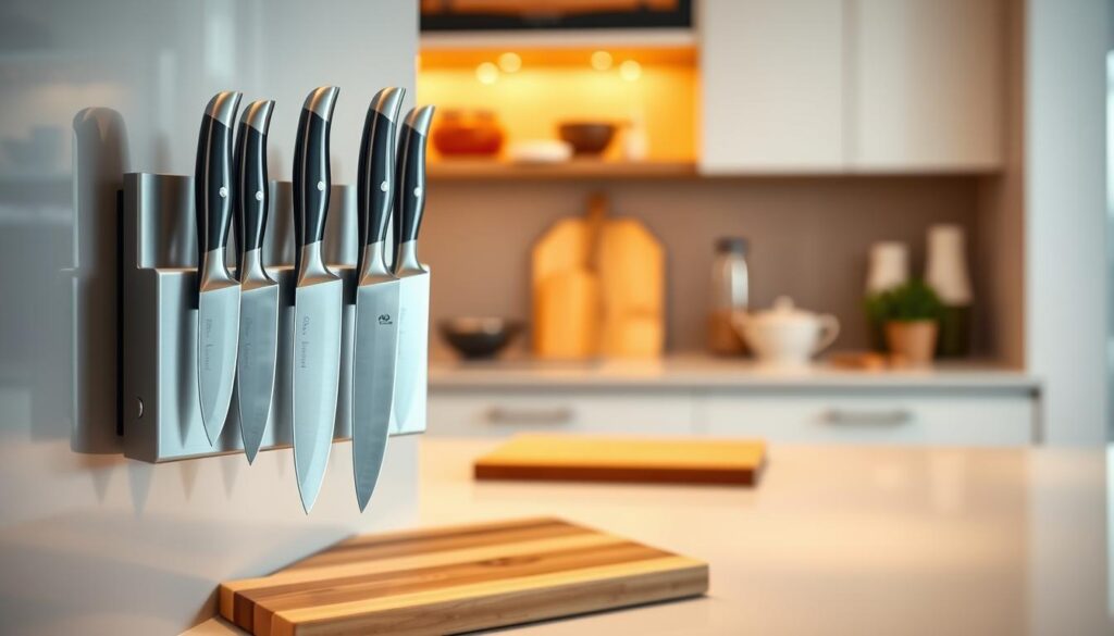 A modern kitchen scene featuring a sleek magnetic knife holder mounted on a wall, elegantly displaying a variety of high-quality chef knives with glossy handles. In the foreground, focus on the holder made of polished stainless steel, reflecting soft kitchen lighting. The knives appear sharp and organized, effortlessly showcasing their designs. In the middle, a wooden cutting board rests on a countertop, partially visible, enhancing the culinary ambience. The background reveals a softly blurred view of a pristine kitchen with warm tones, highlighting cabinetry and subtle decorative elements, contributing to a cozy yet sophisticated atmosphere. The scene captures a feeling of refinement and practicality, ideal for showcasing the advantages of magnetic knife storage. Ensure soft, even lighting emphadata-sizes the elegance of the knives and the holder.