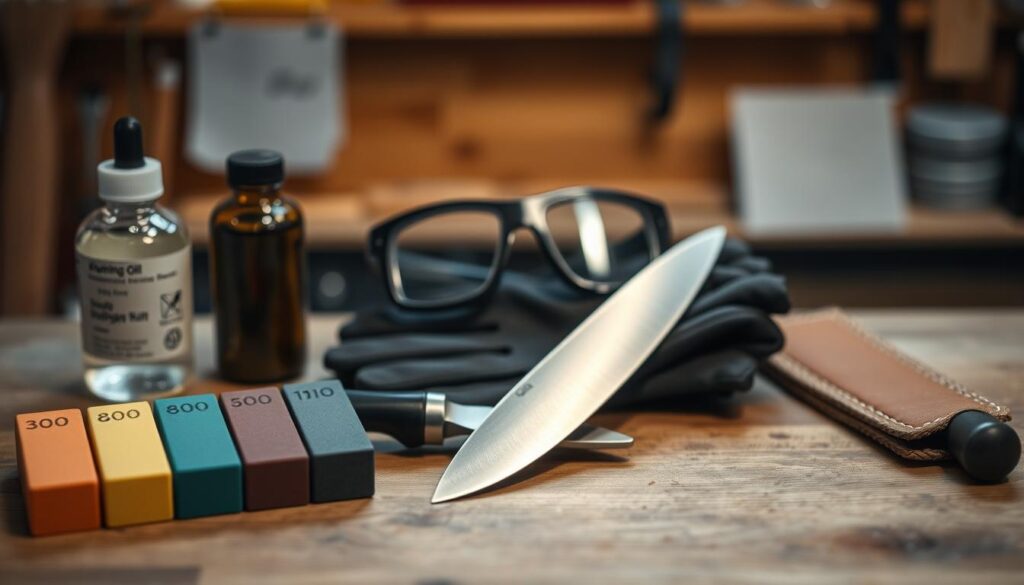 A neatly arranged workspace showcasing essential tools and materials for knife polishing. In the foreground, a high-quality whetstone set ranging from 1000 to 8000 grit, with each stone in a different color, along with a honing oil bottle and a leather strop. The middle area features a pair of sturdy safety goggles and cut-resistant gloves laid beside a polished knife, reflecting light, symbolizing the desired outcome. The background displays a blurred wooden workbench with soft lighting creating a warm, inviting atmosphere, enhancing the focus on the tools. The overall mood emphadata-sizes professionalism and preparation in a clean and well-organized space, ideal for someone preparing for detailed craftsmanship.