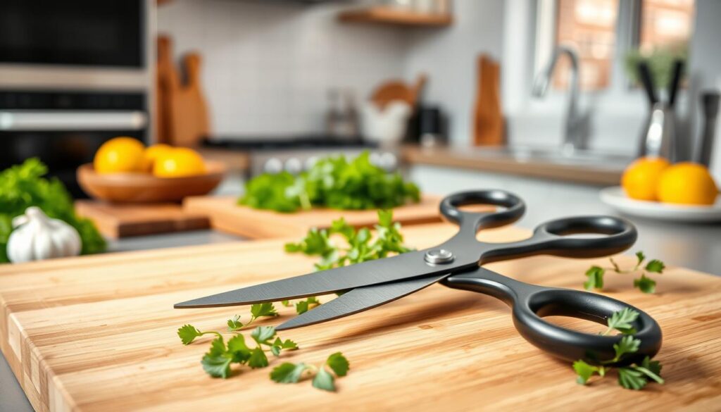 A pair of professional-grade kitchen shears elegantly positioned on a smooth wooden cutting board. The shears are made of high-quality stainless steel with ergonomic, non-slip handles, showcasing their sleek design. In the foreground, fresh herbs like parsley and basil are artfully scattered around the shears, adding a touch of vibrant green. The middle layer displays a modern, well-organized kitchen counter with ingredients like garlic, lemons, and a cutting board, enhancing the culinary theme. In the softly lit background, blurred kitchen appliances and a window with a warm glow create a cozy atmosphere. The overall mood is inviting and practical, conveying the essential role of kitchen shears in professional cooking. The image should be captured from a slightly elevated angle, focusing on the shears and the surrounding elements.