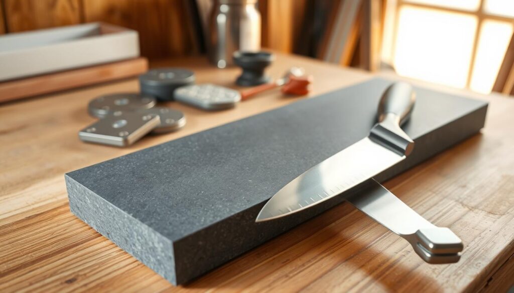 A perfectly flat whetstone rests on a smooth wooden workbench, showcasing its polished, even surface under soft, natural light. In the foreground, the stone glistens, revealing subtle textures that demonstrate the meticulous flattening process. Adjacent to the stone, a sharp knife lies on the bench, its blade reflecting the light, symbolizing the importance of a level stone for achieving precision in sharpening. The middle ground features some scattered sharpening supplies, like diamond plates and water containers, hinting at the tools needed for maintenance. The background is softly blurred, suggesting a cozy workshop atmosphere with warm wood tones. The overall mood is calm and focused, inviting viewers to appreciate the craftsmanship involved in maintaining sharp knives and tools through a flat surface.