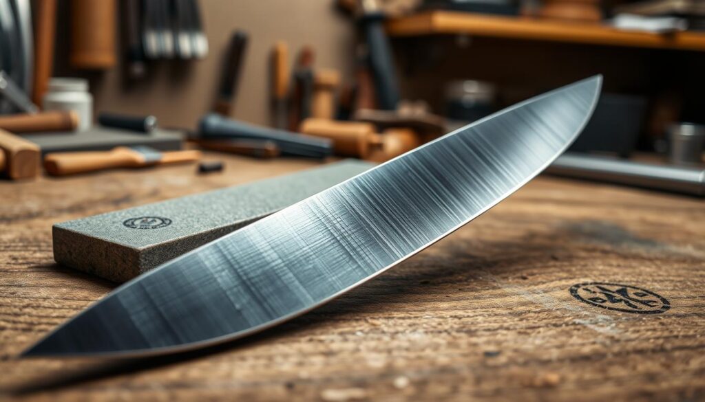 A polished knife blade showcasing an exceptional mirror finish, glistening under bright overhead lighting that emphadata-sizes its reflective surface. In the foreground, the blade is positioned diagonally across a textured wooden surface, capturing intricate details of the polish and edge profile. In the middle ground, a pair of fine whetstones lies beside the knife, with one showing signs of wear, suggesting the meticulous process of achieving such a finish. The background fades into a soft blur of a workshop setting, with tools and materials subtly illuminated. The overall atmosphere conveys precision and craftsmanship, reflecting the dedication required to achieve a mirror finish on a knife blade edge. The image should evoke a sense of professionalism and artistry, free of any text or distractions.