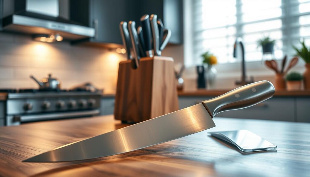 A polished stainless steel kitchen knife set displayed prominently on a sleek wooden countertop, emphasizing the blades' gleaming finishes and expert craftsmanship. In the foreground, focus on a couple of knives with ergonomic handles, spotlighted to showcase reflections and the precision of their edges. The middle of the image reveals a well-organized knife block holding additional knives and utensils, casting soft shadows. In the background, a stylish kitchen setting with warm lighting highlights the knife set, suggesting a modern home environment. The atmosphere is inviting and professional, emphasizing the quality and durability of the knives within budget-friendly options. Enhanced with soft, diffused lighting for an ambient feel, shot at an eye-level angle to create an engaging focal point on the knife set.
