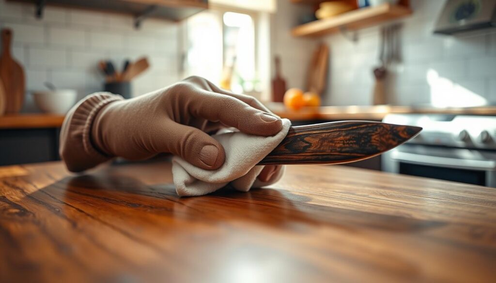 A polished walnut table features a close-up of a hand cleaning a Micarta knife handle with a soft cloth, showcasing the intricate textures and deep colors of the micarta material. The hand is gloved and poised in a careful cleaning motion, emphasizing attention to detail. In the background, a well-lit kitchen setting provides a warm and inviting atmosphere, with soft sunlight streaming in through a window, casting gentle shadows. The camera angle captures the cleaning action from slightly above, focusing on the handle while blurring out the kitchen elements for depth. The overall mood is calm and focused, reflecting the care involved in maintaining quality tools.