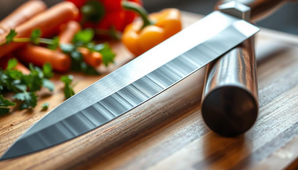 A pristine Santoku knife with a razor-sharp blade rests on a polished wooden cutting board, reflecting soft, natural light that accentuates its sleek, curved edge. The knife's handle, crafted from dark, polished wood, seamlessly connects to the shimmering stainless steel blade, which showcases intricate details and a finely honed edge, hinting at its exceptional sharpness. In the background, blurred ingredients such as vibrant vegetables—carrots, bell peppers, and herbs—add a fresh, colorful contrast, evoking a sense of culinary excitement. The overall atmosphere is one of elegance and professionalism, suggesting a kitchen where precision and safety are paramount, inviting the viewer to appreciate the importance of a sharp knife in achieving clean, swift cuts. The perspective is slightly angled from above, highlighting the knife and its surroundings without distractions or clutter.