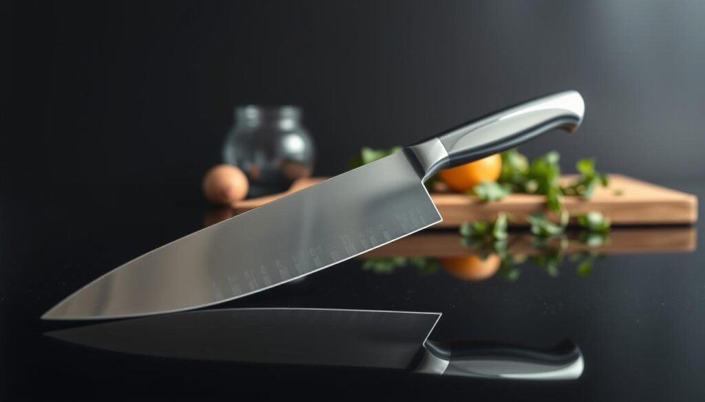 A pristine kitchen knife resting on a reflective black surface, showcasing a mirror finish blade that glints under soft, diffused overhead lighting. The foreground features the blade, its polished surface perfectly reflecting an abstract pattern of kitchen tools and ingredients nearby. In the middle ground, a gently blurred wooden cutting board and fresh herbs add context, hinting at culinary use. The background remains softly lit and minimalistic, emphasizing the knife's sleek design. The mood is elegant and clean, evoking a sense of sophistication in kitchen craftsmanship. The image should convey the brilliance and clarity of a mirror finish, without any text or distractions, focusing solely on the knife’s surface quality.