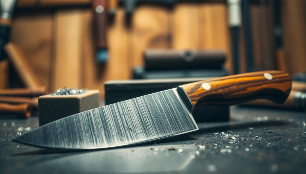A professional burr knife, showcasing its finely crafted blade, lies prominently in the foreground, catching the light in a way that accentuates its sharp edge and slight gleam. The knife has an ergonomic handle made from polished wood, intricately detailed to enhance its aesthetic appeal. In the middle ground, a faintly blurred sharpening stone sits beside the knife, with small metal shavings scattered around, hinting at the sharpening process. The background features a softly lit workshop ambiance, with warm wood tones and a shelf of various tools, adding to the craftsmanship mood. The overall atmosphere is focused and meticulous, emphasizing the importance of achieving a perfect cutting edge. The lighting is soft yet directed, simulating a late afternoon glow that highlights the knife's features beautifully.