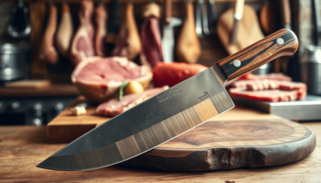 A professional butcher blade prominently displayed in the foreground, showcasing its sharp, gleaming metal edge and rustic wooden handle with intricate grain patterns. The knife should be angled to highlight its robust shape and substantial weight, embodying a sense of strength and precision. In the middle, a wooden cutting board with large cuts of meat artfully arranged, revealing the knife's intended use. The background features a softly blurred butcher shop setting, with hanging meat and tools, creating an authentic atmosphere. Natural warm lighting enhances the textures of the blade and wood, casting gentle shadows that accentuate the knife's design. The mood should evoke a sense of craftsmanship and professionalism, ideal for those seeking to understand the essential qualities of a butcher knife for breaking down large cuts.