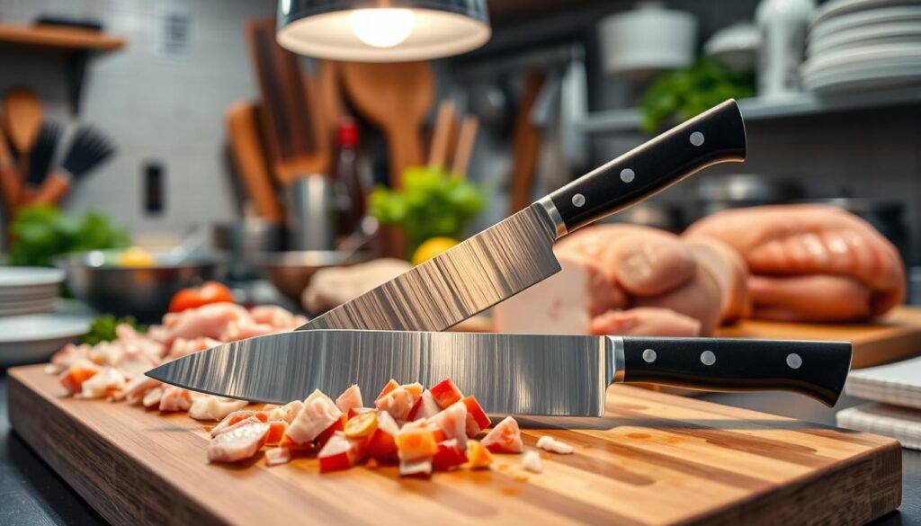 A professional kitchen setting featuring a beautifully crafted hankotsu knife prominently placed on a wooden cutting board, surrounded by freshly cut pieces of poultry. The knife, with its distinctive curved blade and ergonomic handle, reflects the light from a soft overhead pendant lamp, showcasing the fine craftsmanship and quality materials. In the background, various kitchen tools and ingredients are subtly out of focus, creating a warm and inviting atmosphere. The scene conveys a sense of culinary expertise and precision, inviting the viewer to appreciate the importance of the hankotsu knife in poultry preparation. The composition is captured from a slightly elevated angle, demonstrating the intricate details of the knife and the chef's workspace.