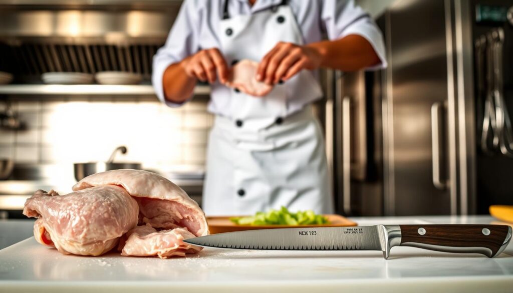 A professional kitchen setup showcasing a "chicken test" for boning knives. In the foreground, a sharp boning knife is positioned next to a freshly prepared, raw chicken, displaying precise cuts and a clean workspace, with glistening meat and a cutting board. In the middle, a chef in a white apron and professional attire is focused on the task, using proper technique to demonstrate knife skills, holding a piece of chicken with one hand while slicing with the other. The background features a well-lit kitchen with stainless steel appliances and utensils neatly arranged, creating a clean and organized atmosphere. Soft, natural lighting illuminates the scene, enhancing the details and textures of the knife and chicken, conveying a sense of professionalism and culinary artistry.