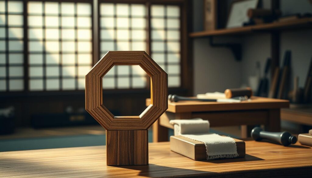 A serene Japanese workshop interior featuring a traditional octagonal wooden wa-handle displayed prominently in the foreground. The wa-handle, crafted from fine wood, exhibits intricate detailing and warm tones, emphasizing its craftsmanship. In the middle ground, a wooden workbench is adorned with traditional Japanese tools, such as chisels and a polishing cloth, subtly hinting at the maintenance process. The background reveals shoji screens casting soft, diffused natural light into the space, creating a tranquil atmosphere. The overall mood should evoke a sense of respect and care for Japanese woodworking traditions, with soft shadows enhancing the texture of the wood and tools. The image is taken from a slightly elevated angle to showcase both the wa-handle and the workshop environment effectively.