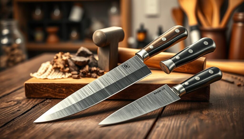 A set of beautifully crafted forged knives displayed prominently on a rustic wooden table, highlighting their elegant curves and distinctive handmade finish. The foreground features three knives: a chef’s knife, a paring knife, and a small utility knife, all gleaming under warm, soft lighting that accentuates their polished blades and handcrafted details. In the middle ground, there’s a subtle display of raw materials like steel and a hammer, hinting at the forging process. The background is softly blurred to create a focused atmosphere, with hints of a cozy kitchen, such as a spice rack and wooden utensils. The mood is inviting and artisan, emphasizing the quality and craftsmanship that sets forged knives apart from stamped counterparts. Shot with a 50mm lens to create depth and warmth.