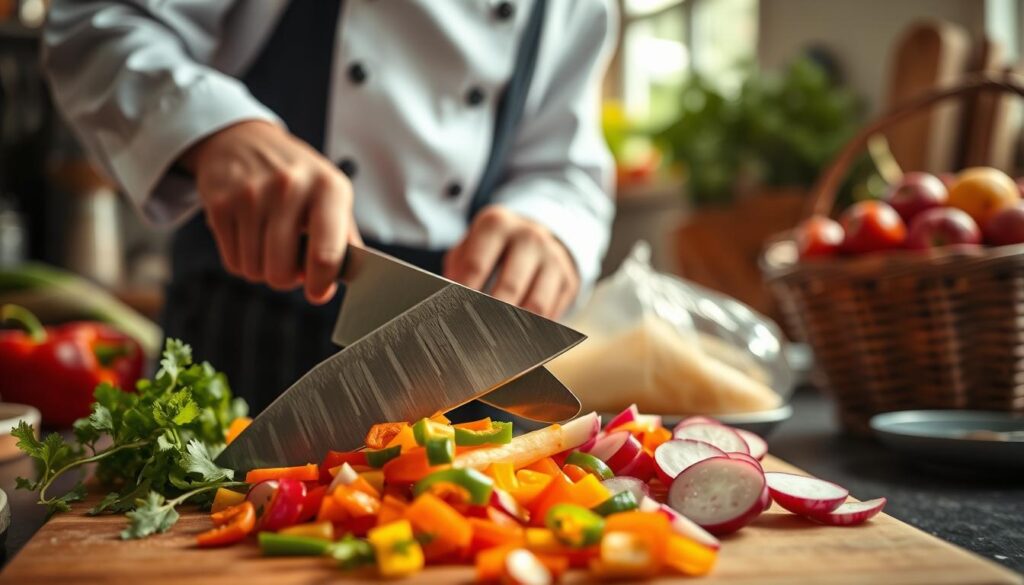 A sharp Nakiri knife gliding effortlessly through vibrant, fresh vegetables, showcasing the art of precision cuts. In the foreground, focus on the knife as it slices through a colorful mix of carrots, bell peppers, and radishes, each piece falling neatly into a wooden cutting board. The middle layer displays the chef's hands, clad in modest, professional attire, demonstrating skill and expertise. The background softly blurs with a warm, well-lit kitchen atmosphere, highlighting various cooking utensils and a basket of fresh produce. Illuminate the scene with natural light streaming in from a nearby window, creating a serene yet dynamic ambiance that emphadata-sizes the beauty of the Nakiri's design and its capability for perfect vegetable preparation.