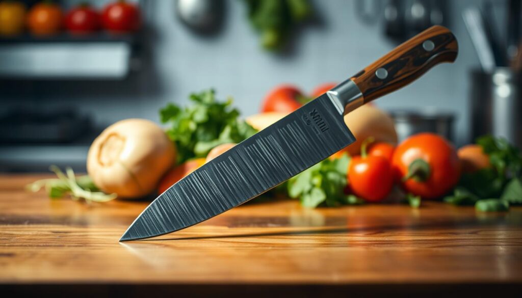 A single bevel knife prominently displayed on a polished wooden surface, showcasing its sharp, precise edge illuminated by soft, diffused lighting that highlights the glint of the blade. The knife should have a beautifully crafted handle, contrasting with the steel of the blade, and appear to be in a professional kitchen setting. In the background, softly blurred, an assortment of fresh vegetables and herbs can be seen, suggesting the knife's purpose in culinary arts. The atmosphere is one of professionalism and craftsmanship, capturing the essence of precision in cooking. The angle should be slightly elevated, providing a clear view of the knife's bevel and intricate details of its construction.