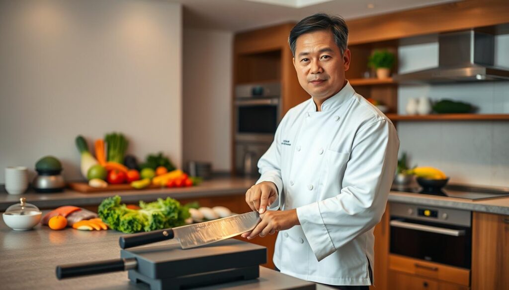 A skilled Japanese chef, dressed in a traditional white chef's jacket and black pants, stands confidently in a modern kitchen. He is masterfully honing a high-quality Japanese knife on a whetstone, showcasing both precision and passion. The foreground captures the chef's focused expression, while the middle ground features the knife glinting under warm, soft lighting. In the background, a beautifully arranged display of fresh vegetables and sushi ingredients adds color and context to the scene. The kitchen is spacious and clean, with wooden accents, creating an inviting atmosphere. The overall mood reflects dedication and expertise in culinary arts, emphasizing the value of affordable Japanese knives under $100. The image is shot from a slightly elevated angle to capture both the chef and the tools of his trade in harmonious detail.