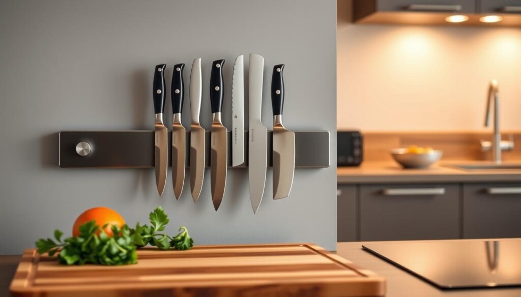 A sleek and stylish magnetic knife strip mounted on a contemporary kitchen wall, showcasing a selection of shiny, high-quality kitchen knives securely attached. The foreground features a polished wooden cutting board and a few fresh, vibrant ingredients like herbs and vegetables, adding a touch of color. In the middle ground, the magnetic strip prominently features its minimalist design, reflecting light softly. The background consists of a modern kitchen setting with subtle, neutral tones, including cabinets and countertops, enhanced by warm ambient lighting that creates a welcoming atmosphere. Capture the scene from a slightly elevated angle, emphasizing both the magnetic knife strip and the surrounding kitchen space, evoking a sense of elegance and practicality in knife storage.