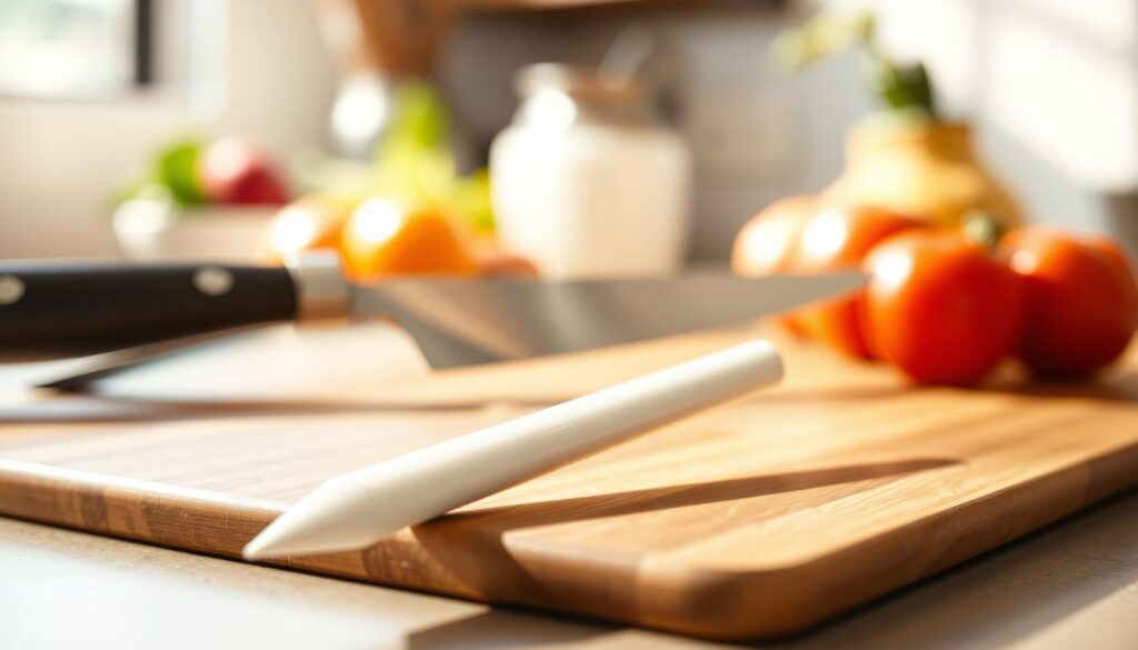 A sleek ceramic honing rod rests on a polished wooden cutting board, its smooth white surface reflecting soft light. In the foreground, the rod is angled slightly, showcasing its fine, even texture and pointed tip, which glimmers subtly under warm, natural lighting. In the middle ground, a sharp, well-crafted kitchen knife is partially visible, hinting at its need for daily upkeep. The background features a blurred kitchen setting, with hints of fresh vegetables and a subtle hint of greenery, conveying a vibrant culinary atmosphere. The overall mood is one of professionalism and efficiency, inviting the viewer to appreciate the essential role of the honing rod in maintaining knife sharpness. The composition is framed using a shallow depth of field, emphasizing the honing rod as the focal point of the image.