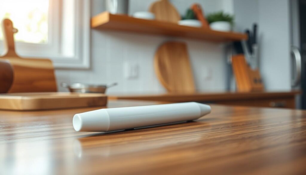 A sleek ceramic sharpening rod rests centrally on a polished wooden kitchen countertop. The rod is elongated and cylindrical, showcasing its glossy white surface with a slight sheen reflecting overhead light. The background consists of a softly focused kitchen setting with natural light filtering through a nearby window, enhancing the serene atmosphere. Subtle hints of kitchen tools, like a wooden cutting board and a set of kitchen knives, can be seen in the blurred background, emphasizing the sharpening rod's function. The camera angle is at eye level, showcasing the rod's length and elegance. The mood is calm and professional, suggesting daily culinary care and sharpness. The lighting is warm and inviting, creating a sense of a well-loved kitchen space, perfect for showcasing the beauty and utility of the sharpening rod.