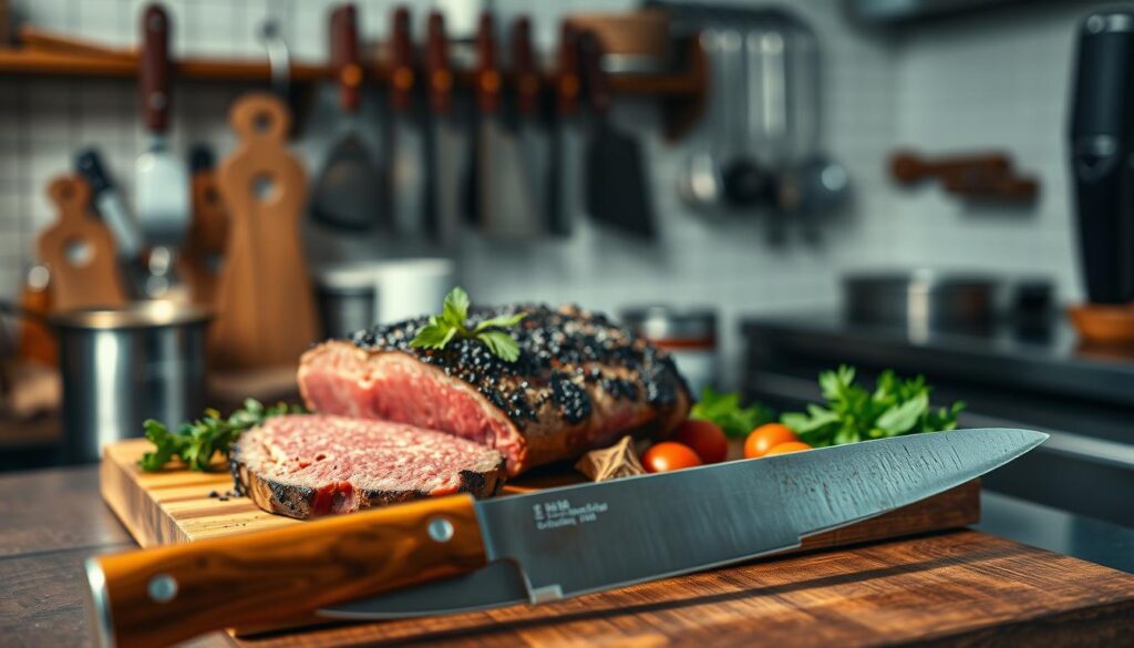 A sleek, high-quality butcher knife rests prominently in the foreground, showcasing its long, sharp blade and well-crafted handle made from rich wood, glistening in the light. The middle ground features an elegantly butchered large cut of meat on a rustic wooden cutting board, with fresh herbs and spices artfully placed beside it, enhancing the culinary theme. In the background, a softly lit kitchen setting exudes warmth and professionalism, with subtle hints of metal tools and knife racks. The scene is bright and inviting, captured with a slight depth of field to draw focus on the knife and meat. Ensure the lighting highlights the knife's sharpness while creating an ambiance that suggests expertise and artistry in cooking.
