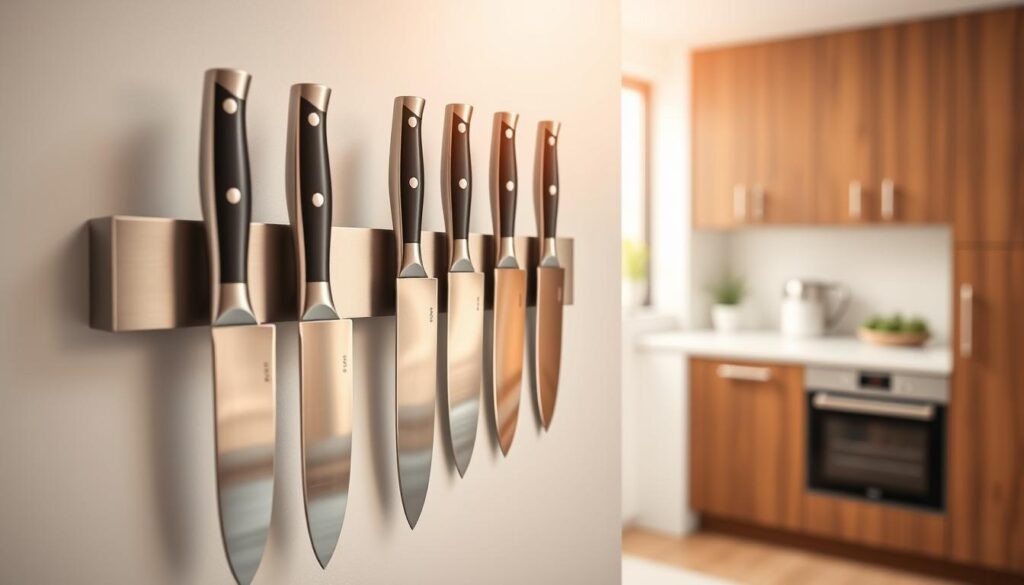 A sleek magnetic knife holder mounted on a modern kitchen wall, featuring several high-quality chef knives neatly arranged in a visually appealing manner. The foreground showcases the knives with polished stainless steel blades, highlighting their sharp edges and sleek handles. In the middle ground, the magnetic holder is made of brushed aluminum with a minimalist design, reflecting light subtly. In the background, a minimalistic kitchen aesthetic with wooden cabinets and a bright countertop adds a warm ambiance. Soft, natural light streams in from a window, creating a welcoming atmosphere. The focus is sharp, accentuating the elegance of the knife holder while conveying a sense of practicality and style for any kitchen decor.