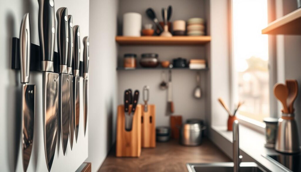 A sleek, modern compact kitchen featuring innovative knife storage solutions. In the foreground, a set of high-quality kitchen knives arranged neatly in a wall-mounted magnetic strip, showcasing their shiny blades and ergonomic handles. In the middle, a stylish wooden knife block with a few empty slots, emphasizing a minimalist design. The background reveals organized shelving with various kitchen utensils and tools, all blending harmoniously with a bright, airy atmosphere enhanced by soft, natural lighting from a nearby window. The angle captures the kitchen from slightly above, providing a top-down view that highlights the efficient use of space. The mood is professional and inviting, designed for culinary creativity in limited areas.