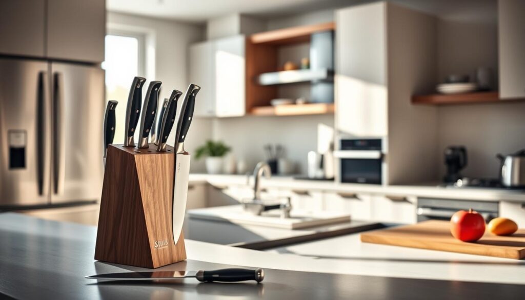 A sleek, modern knife block positioned prominently in a compact professional kitchen setting. The knife block, crafted from high-quality stainless steel, showcases a minimalistic design with sharp, clean lines. In the foreground, only a couple of essential knives are neatly arranged to highlight the issue of clutter associated with traditional wooden blocks. The middle ground features a small, well-organized countertop filled with a few high-performance kitchen tools, illustrating space efficiency. The background reveals a bright and airy kitchen with professional-grade appliances and well-optimized cabinetry. Soft, natural light streams in through a window, casting gentle shadows that create an inviting atmosphere. The overall mood is one of modernity and practicality, emphasizing the advantages of better knife storage solutions over bulky wooden blocks.