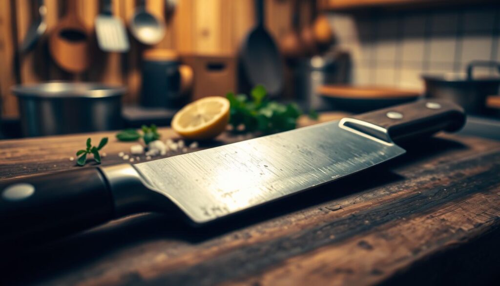 A vintage kitchen knife blade lies on a rustic wooden cutting board, its surface showing signs of wear and patina, reflecting a history of culinary use. In the foreground, the intricate detailing of the blade can be seen, highlighting its craftsmanship with a slight sheen under warm, soft lighting. The middle layer features a few scattered ingredients typical of kitchen settings—fresh herbs, a halved lemon, and a sprinkle of salt. The background is softly blurred, suggesting a cozy kitchen environment with hints of wooden shelves and hanging utensils, creating an inviting atmosphere. The overall mood is nostalgic and warm, emphasizing the value of preserving these timeless tools.