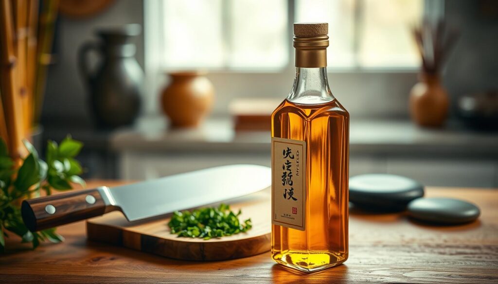 A visually appealing composition featuring an elegant glass bottle of camellia oil prominently in the foreground, showcasing its rich golden hue and delicate label design. The middle ground includes a well-crafted Japanese knife, positioned at an angle to highlight its sharpness and craftsmanship, alongside a small wooden cutting board sprinkled with freshly chopped herbs. In the background, a soft focus of a tranquil kitchen setting adorned with natural materials, like bamboo and stone, creating a harmonious atmosphere. The lighting is warm and inviting, casting gentle shadows that enhance the textures of the oil and wood. The mood is serene and informative, perfect for a buyer's guide, evoking a sense of quality and tradition.