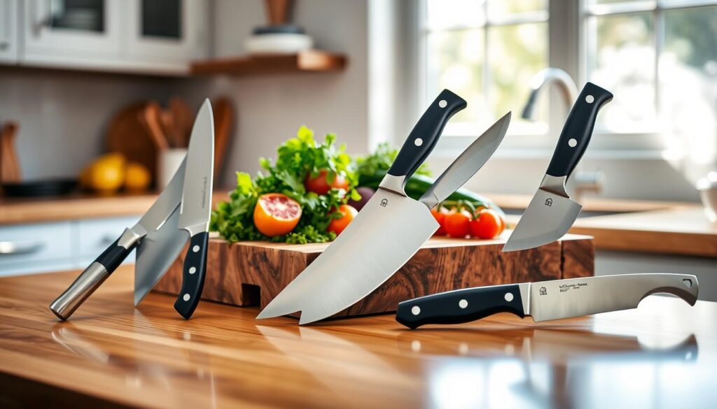 A visually striking display of the best left-handed kitchen knives, arranged elegantly on a clean, polished wooden kitchen countertop. In the foreground, feature five uniquely designed left-handed knives, showcasing their ergonomic handles and sharp blades, reflecting light to highlight their premium quality and craftsmanship. In the middle, a rustic cutting board with fresh herbs and colorful vegetables enhances the scene, emphasizing the knives' practicality in culinary tasks. In the background, soft, natural light filters through a window, casting gentle shadows and creating a warm, inviting atmosphere. The overall mood is one of comfort and precision, perfect for showcasing tools designed specifically for left-handed cooks. The composition should be captured with a shallow depth of field, focusing sharply on the knives while softly blurring the background details.