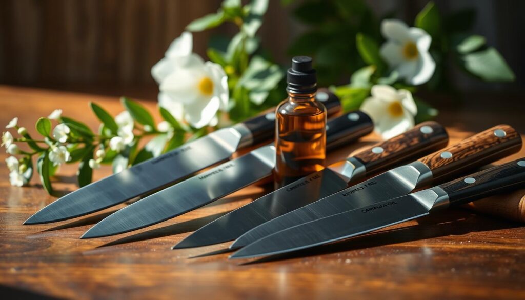 A visually striking still life composition featuring a selection of high-quality carbon steel knives resting on a polished wooden surface, with a bottle of camellia oil placed prominently beside them. The knives should reflect their sharpness with clear detailing on the blades, showcasing their craftsmanship. In the background, soft greenery and delicate floral elements suggest the natural origin of camellia oil, creating a serene and organic atmosphere. Utilize natural lighting to produce gentle highlights on the knives and the camellia oil bottle, enhancing their textures. The image should be shot from a slightly elevated angle, allowing for a comprehensive view of the scene, evoking a sense of elegance and sophistication in knife maintenance and protection.