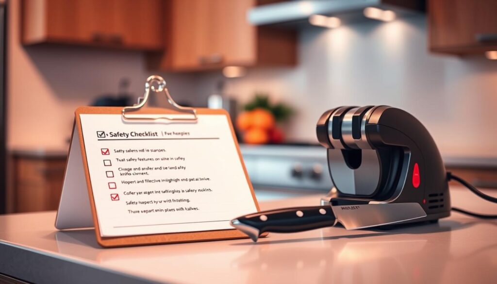 A well-designed electric knife sharpener sits prominently on a sleek kitchen countertop in the foreground, showcasing its sharpened blades gleaming under soft, diffused overhead lighting. Beside it, a neatly arranged safety checklist on a clipboard, featuring bullet points highlighted in a bright color, emphadata-sizes the analysis of safety features and user guidelines. In the middle ground, a high-end kitchen knife rests in its protective sheath, hinting at the importance of proper maintenance. The background features a modern kitchen environment with wood cabinets and a blurred countertop, instilling a sense of professionalism and organization. The mood is attentive and informative, emphasizing safety and care in using electric knife sharpeners for high-end knives, with a focus on clarity and detail.