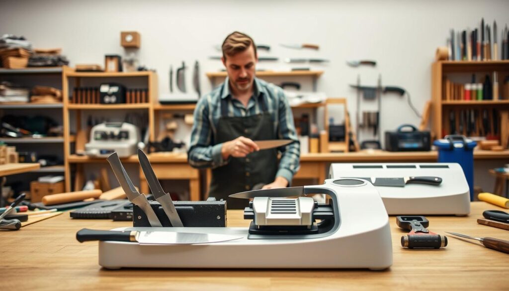 A well-lit workshop scene focusing on a guided sharpening system. In the foreground, a sleek, modern sharpening device sits prominently, surrounded by high-quality knives positioned at the correct sharpening angles. The middle area features a focused individual, dressed in professional casual attire, demonstrating the use of the system with a look of concentration. Tools and sharpening accessories are neatly arranged nearby, adding to the organized atmosphere. In the background, shelves filled with knife-making tools and materials hint at a dedicated craft space. The soft, natural lighting highlights the smooth surfaces of the sharpening system, creating a calm and inviting mood that emphadata-sizes learning and skill development.